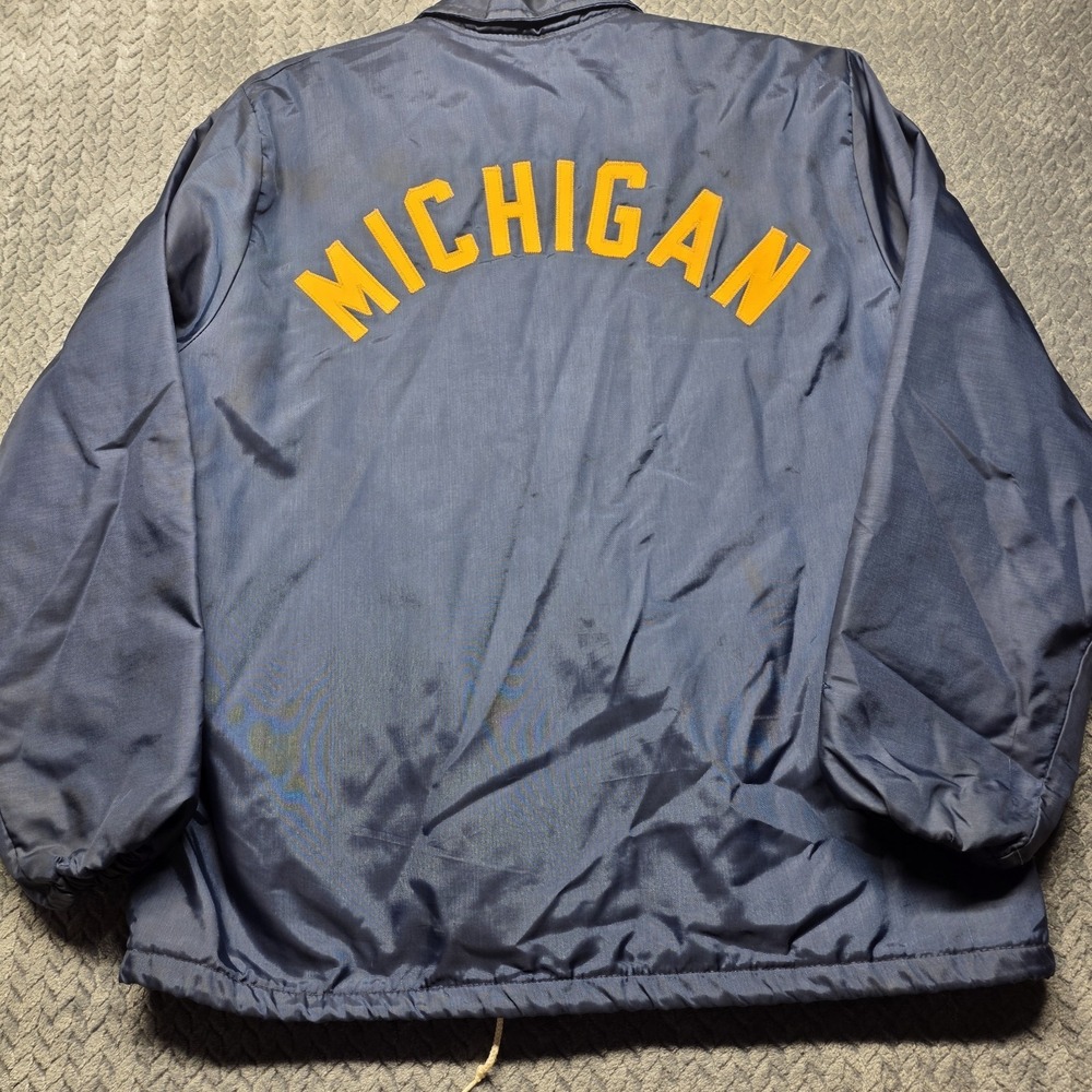 VTG Michigan Gem Sportswear‎ Coach Jacket Men's L Blue Kasha Lined Spellout USA